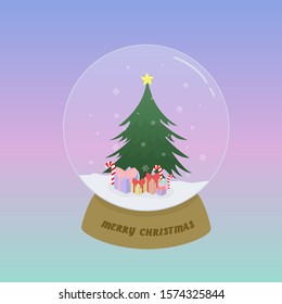 Christmas snow globe with pine tree gift box snow flake on pastel background