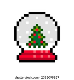 Christmas snow globe pixel icon isolated on white background. Glass snow globe with Christmas tree inside. Vector illustration of New Year elements in 16-bit old style. 