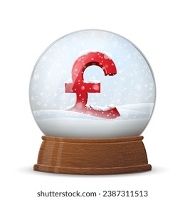 Christmas snow globe with pound symbol on wooden stand. Glass snow dome with pound sterling sign inside