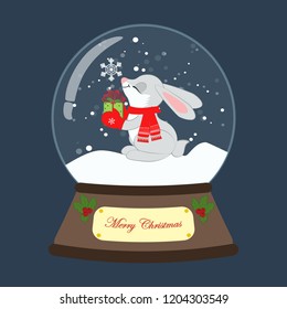 Christmas snow globe with rabbit on the blue background. Vector illustration