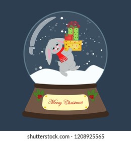 Christmas snow globe with rabbit on the blue background. Vector illustration