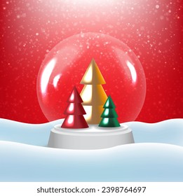 Christmas Snow Globe Red Background And Christmas Tree With Gradient Mesh, Vector Illustration 