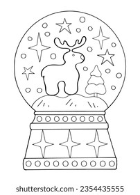 Christmas Snow Globe with Reindeer coloring page. Hand drawn line art illustration.