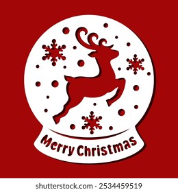 Christmas snow globe. Round decoration with deer, snowflakes and text Merry Christmas. Template for plotter laser cutting of paper, fretwork, wood carving, metal engraving, cnc. Vector illustration.