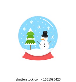 Christmas snow globe round vector illustration icon. Seasonal, festive xmas, winter snow globe. Glass sphere with little landscape inside, snowman, snow and tree. Isolated cartoon graphic.
