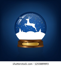 Christmas snow globe with running reindeer, falling snow and trees.Vector Illustration.