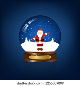 Christmas snow globe with Santa Claus waving his hand, falling snow and trees.Vector Illustration. 
