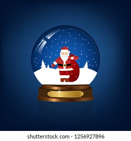 Christmas snow globe with Santa Claus, falling snow and trees.Vector Illustration.