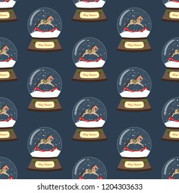 Christmas snow globe seamless pattern on the blue background. Vector illustration