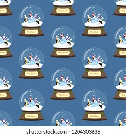 Christmas snow globe seamless pattern on the blue background. Vector illustration