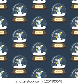 Christmas snow globe seamless pattern on the blue background. Vector illustration