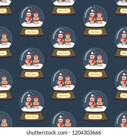 Christmas snow globe seamless pattern on the blue background. Vector illustration