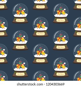 Christmas snow globe seamless pattern on the blue background. Vector illustration