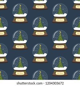 Christmas snow globe seamless pattern on the blue background. Vector illustration