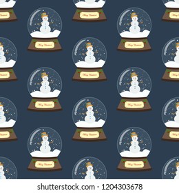 Christmas snow globe seamless pattern on the blue background. Vector illustration