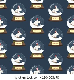 Christmas snow globe seamless pattern on the blue background. Vector illustration