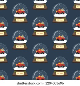 Christmas snow globe seamless pattern on the blue background. Vector illustration