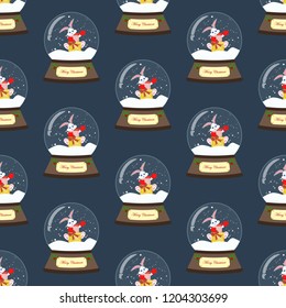 Christmas snow globe seamless pattern on the blue background. Vector illustration