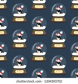 Christmas snow globe seamless pattern on the blue background. Vector illustration