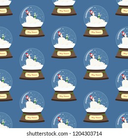 Christmas snow globe seamless pattern on the blue background. Vector illustration