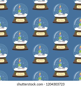Christmas snow globe seamless pattern on the blue background. Vector illustration