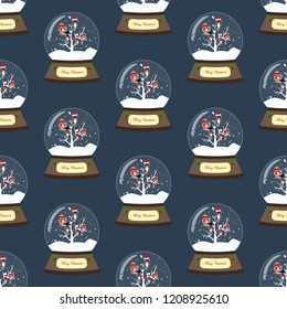 Christmas snow globe seamless pattern on the blue background. Vector illustration