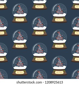 Christmas snow globe seamless pattern on the blue background. Vector illustration