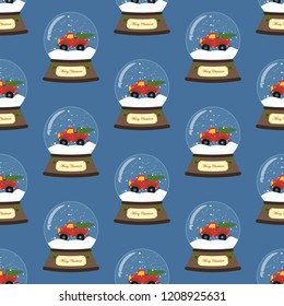 Christmas snow globe seamless pattern on the blue background. Vector illustration