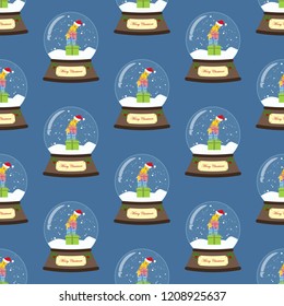 Christmas snow globe seamless pattern on the blue background. Vector illustration