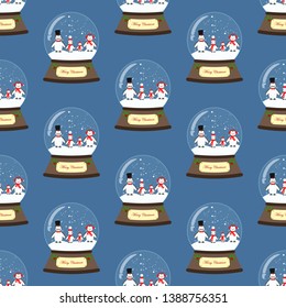Christmas snow globe seamless pattern on the blue background. Vector illustration