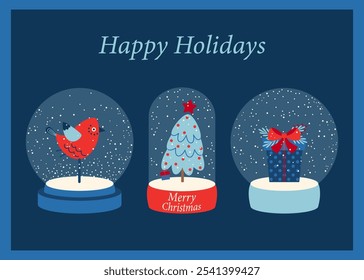 Christmas snow globe set with Christmas tree, gift, bird. Festive card for seasonal winter holidays. Dark blue background.