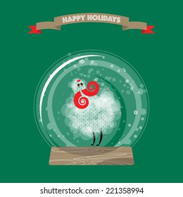 Christmas snow globe and sheep. Happy holidays. Vector illustration.