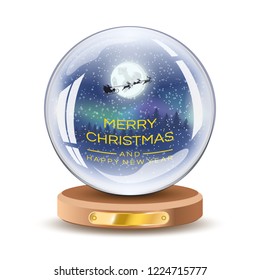 Christmas snow globe with silhouette Santa Claus on a moon. Vector Xmas gift glass ball illustration. Isolated on white color.