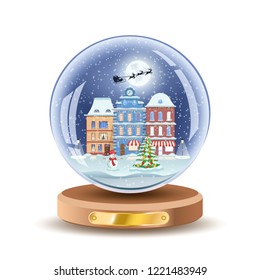 Christmas snow globe with small cityscape. Vector Xmas gift glass ball illustration. Isolated on white color. File eps10.