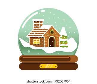 Christmas snow globe with small gingerbread house and fir tree flat style vector illustration