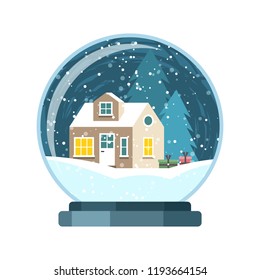 Christmas snow globe with small house and trees. Isolated vector illusrtation