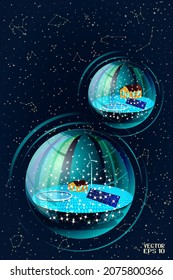 Christmas Snow Globe with Small House, Christmas Snowstorm Isolated on Night Background. Bright Holiday Gift on Sky Map of Hemisphere. Vector. 3D Illustration