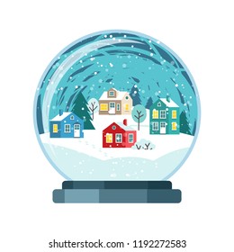 Christmas snow globe with small houses. Isolated vector