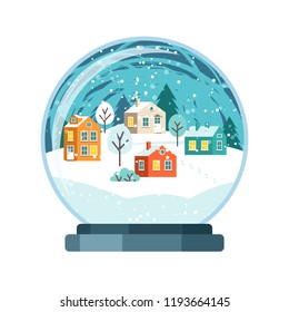 Christmas snow globe with small houses. Isolated vector illusrtation