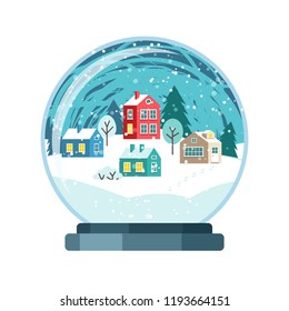 Christmas snow globe with small houses. Isolated vector illusrtation