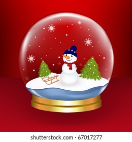 Christmas Snow Globe With Snowman And Fur-trees, On Red Background, Vector Illustration