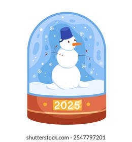 Globo de neve de Natal e boneco de neve dentro, 2025 assinar na base. Boneco de neve com ramos secos para mãos, cenoura para nariz e balde na cabeça, decoração bolha de bola de neve e ilustração do vetor do desenho animado do presente