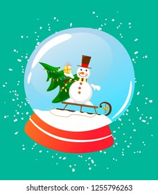 Christmas snow globe with a snowman on a sled and a Christmas tree. Flat style illustration