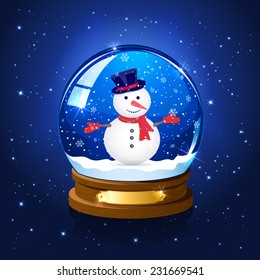 Christmas snow globe with snowman on blue starry background, illustration.