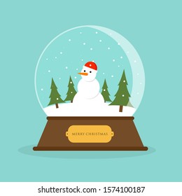 Christmas snow globe with snowman, and pine tree inside. Flat vector illustration