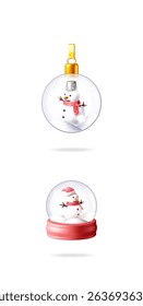 Christmas snow globe with snowman and shiny bauble. New year 3d vector illustration icon set. Holiday winter season web design element.