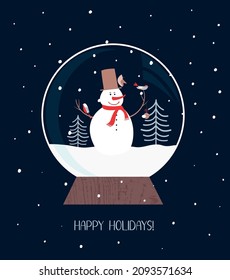 Christmas snow globe with a snowman. Vector illustration