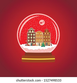 Christmas snow globe with some old town houses and Christmas tree. Vector illustration for posters, banners, invitations, greeting cards.