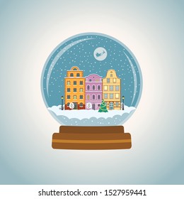 Christmas snow globe with some old town houses and Christmas tree. Vector illustration for posters, banners, invitations, greeting cards.