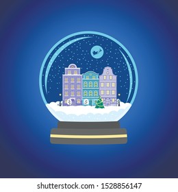 Nieve de Navidad en globo con algunas casas antiguas y árbol de Navidad. Ilustración vectorial para afiches, banners, invitaciones, tarjetas de felicitación.